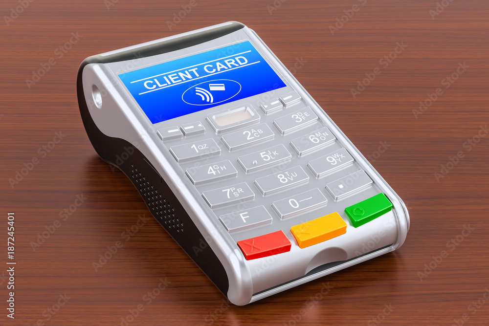 Poster pos-terminal on the wooden table. 3d rendering