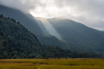 The rays of the sun on the wooded hills of the Himalayas