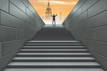 Businessman climbing up challenging career ladder in business co