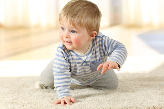 Distracted baby crawling on a carpet at home
