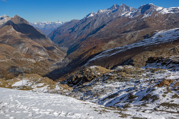 Fototapeta na wymiar Amazing panorama from matterhorn glacier paradise to Zermatt, Alps, Switzerland