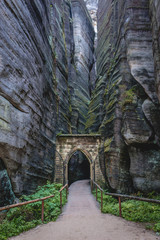 Stone gate in Adrspach Teplice Rocks landscape park in Broumov Highlands region of Czech Republic