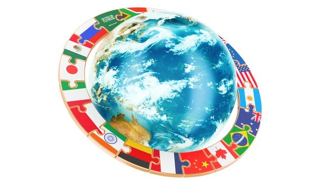 International global communication concept with rotating Earth Globe, 3D rendering isolated on white background