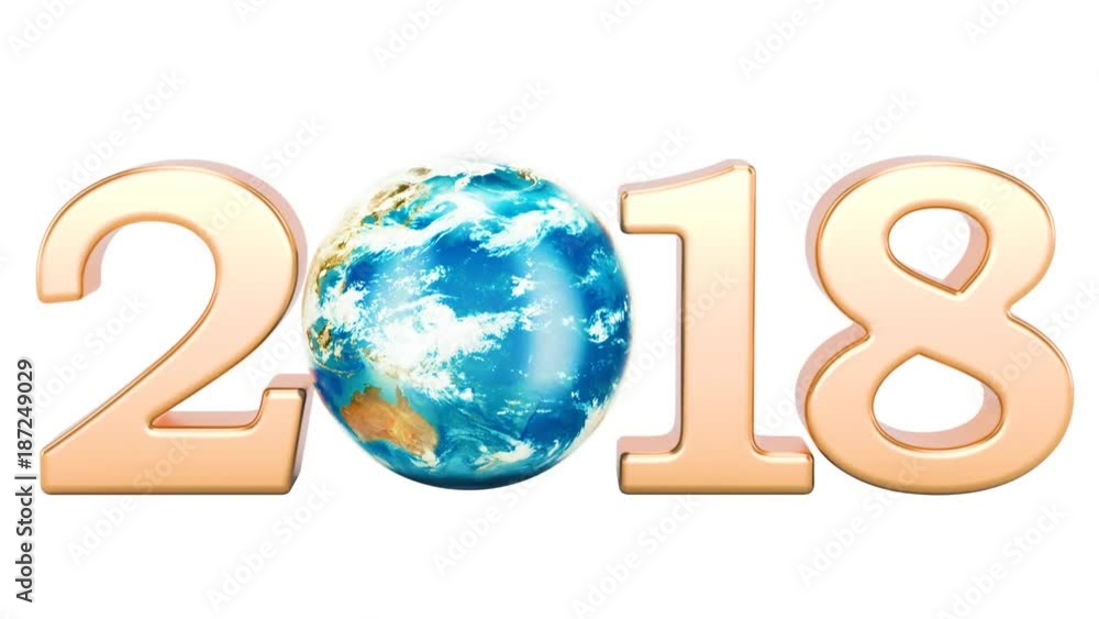 Poster 2018 with rotating earth globe concept, 3d rendering isolated on white background
