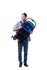 Young dad with baby pram isolated on white
