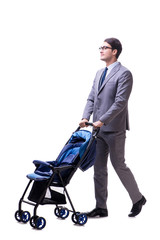 Young dad businessman with baby pram isolated on white 