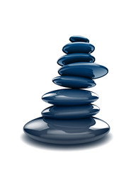 tower of black shiny wet stones on a white background