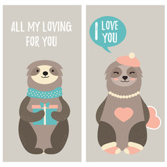 Holiday card with cute sloths in love