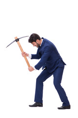 Young businessman with axe isolated on white