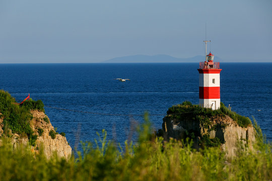 Lighthouse at Cape Basargin, Golden Horn Bay, Vladivostok symbol. Russky island. Landscape panorama. Sea of Japan.