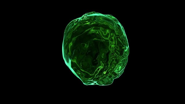 Seamlessly looped colored fluid flows with splashes around sphere, slow motion. Separated on pure black background, contains alpha channel.
