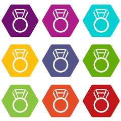 Round medal icon set color hexahedron