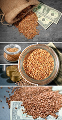 Collage with buckwheat and money