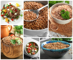 Collage with ideas for serving delicious buckwheat porridge