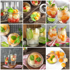 Collage of delicious cocktails with melon balls in different glassware