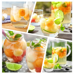 Collage of delicious cocktails with melon balls in different glassware