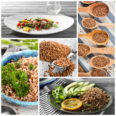 Collage with ideas for serving delicious buckwheat porridge