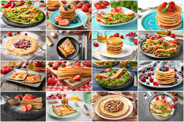 Collage with ideas for serving delicious buckwheat pancakes