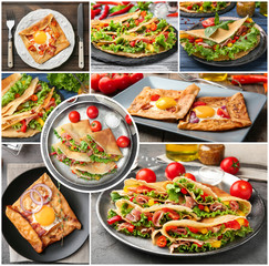 Collage with ideas for serving delicious buckwheat pancakes