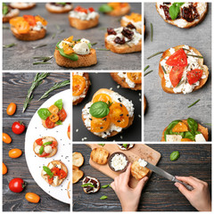 Collage with ideas for serving delicious bruschettas with different kinds of tomatoes