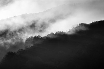 Rays of light in mountains. Landscape with heavy fog in forest, illuminated by morning sun. Ridge in beautiful clouds. Black and white photo