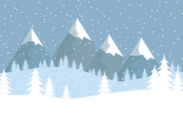 Flat vector landscape with silhouettes of trees, hills and mountains with falling snow.