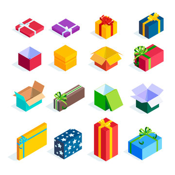 Set of isometric gift boxes isolated on white background.