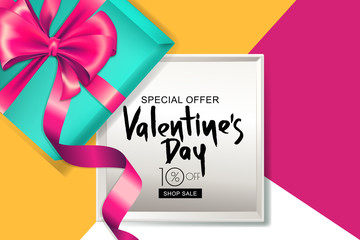 Valentines day sale banner. 3d gift box frame with pink ribbon. Design for holiday flyer, poster. Vector illustration.