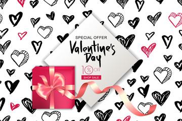 Valentines day sale banner. Vector gift box with ribbon on hearts background. Design for flyer, poster, invitation.