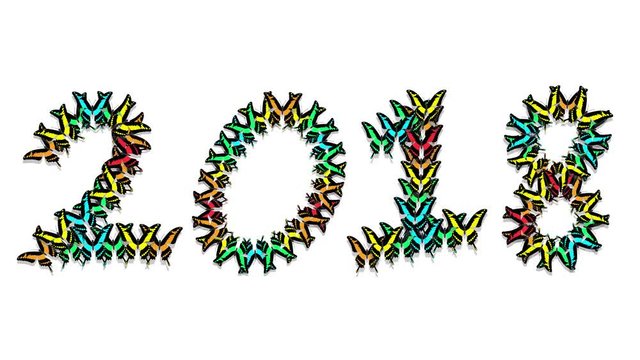 animated multicolored butterflies arrive, make up an inscription number 2018 on a white background