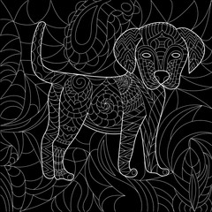 Fototapeta premium Dog anti stress vector coloring book for adult. Isolated ornament on white background with doodle and zentangle elements. Freehand ethnic drawing for tattoo or logo template, decorative piece, page