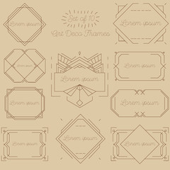 Set of art deco frames, badges, labels and borders. Vector illustration. Brown and golden vintage ornaments, graphic elements. Thin line geometric template for design
