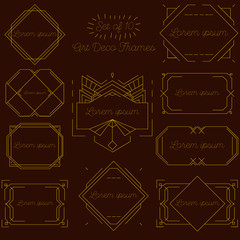 Set of art deco frames, badges, labels and borders. Vector illustration. Brown and golden vintage ornaments, graphic elements. Thin line geometric template for design