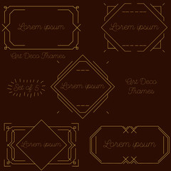 Set of art deco frames, badges, labels and borders. Vector illustration. Brown and golden vintage ornaments, graphic elements. Thin line geometric template for design