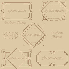 Set of art deco frames, badges, labels and borders. Vector illustration. Brown and golden vintage ornaments, graphic elements. Thin line geometric template for design