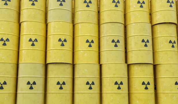 Many stacked barrels with radioactive waste. 3D rendered illustration.