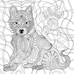 Dog anti stress vector coloring book for adult. Isolated ornament on white background with doodle and zentangle elements. Freehand ethnic drawing for tattoo or logo template, decorative piece, page