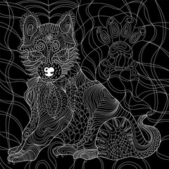 Dog anti stress vector coloring book for adult. Isolated ornament on white background with doodle and zen tangle elements. Freehand ethnic drawing for tattoo or logo template, decorative piece, page