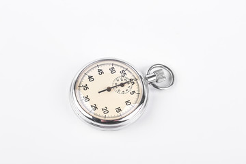 Chronometer isolated on white background. Silver stopwatch of high quality. Metallic stop watch on sale.