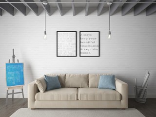 Mock up poster living room with beige sofa on a light background.