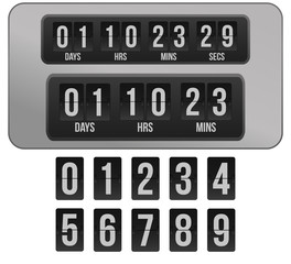 Countdown timer. Clock counter. Gray mechanical scoreboard panel illustration on white background for design. Vector Illustration