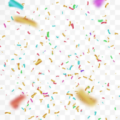 The realistic Falling of  shiny confetti glitters in colorful. New Year, birthday, design element of the Valentine's Day. Holiday design Isolated on a transparent background.