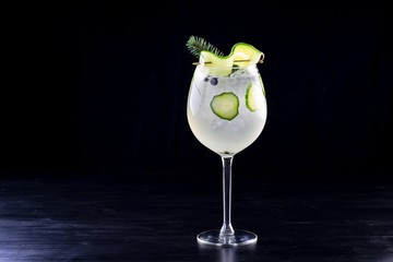 gin and tonic alcohol drink cocktail glass ice fruit garnish plain black white background - obrazy, fototapety, plakaty