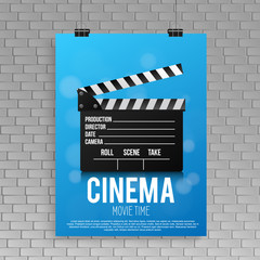 Realistic blue cinema poster in a frame with a picture hanging on a textured gray brick wall, a template for a layout, a layout and a work of art a concept poster design template. vector illustration.