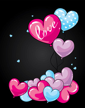 Many red balloons in the shape of a heart. Balls in the sky. Vector illustration. St. Valentine's Day.
