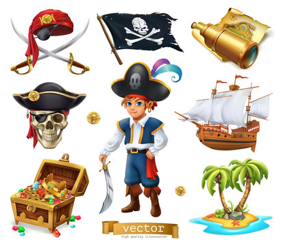 Pirates set. Boy, treasure chest, map, flag, ship, island. 3d cartoon vector icon