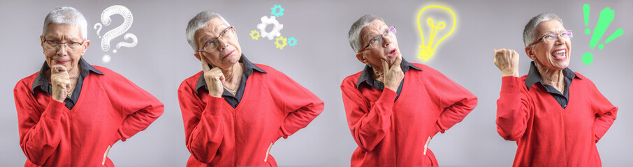 Idea creation process in a senior woman's mind, problem, thinking, idea, solution