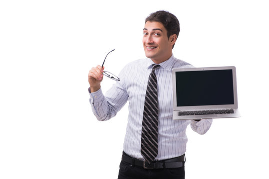 Young Businessman With Laptop Isolated On White Background