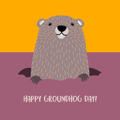 Happy Groundhog Day design with cute groundhog emerging from his burrow.