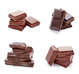 collection of various chocolate pieces on white background. each one is shot separately